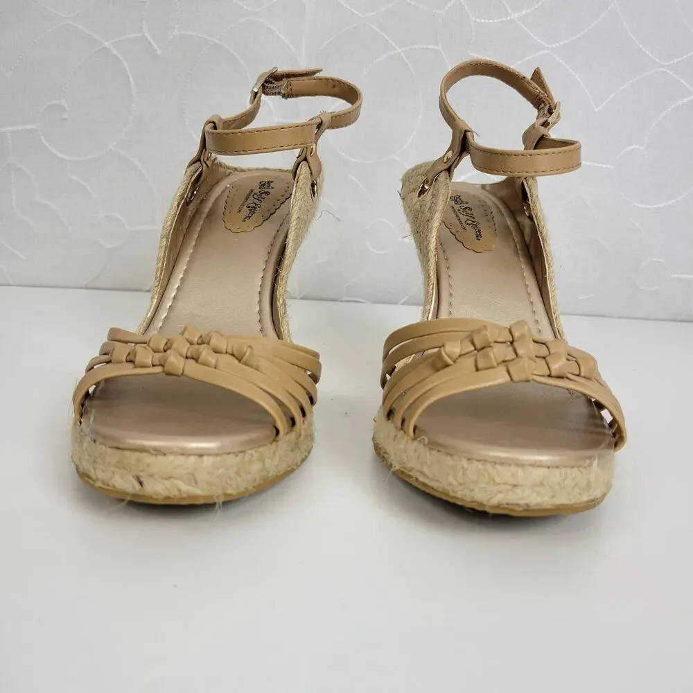 Self Esteem Womens Sandals Size 9 Brown Cork Strap Slingback Wedge Heels